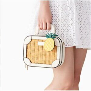 KATE SPADE NEW YORK TROPICAL WICKER STRAW TRAVELER TRUNK BAG W/ PINEAPPLE CHARM